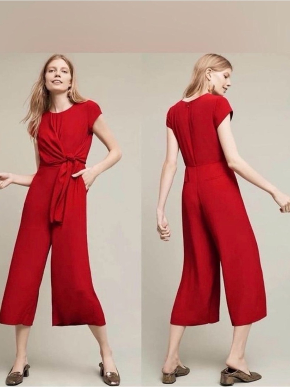 Maeve Anthropologie Tie-Waist Red Wide-Leg Jumpsuit